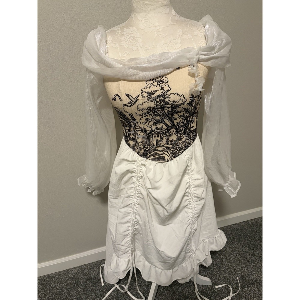 Toile Bodice Milkmaid Dress ~6~White Chiffon Slv Fairy Tale Parachute Hi Low Hem - Picture 6 of 16